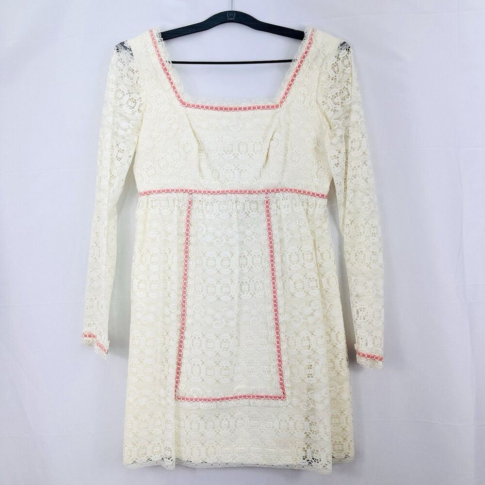 1960s VTG Girls Lace Dress Cream Pink Ribbon Empire Waist Sz 9/10 Cottagecore